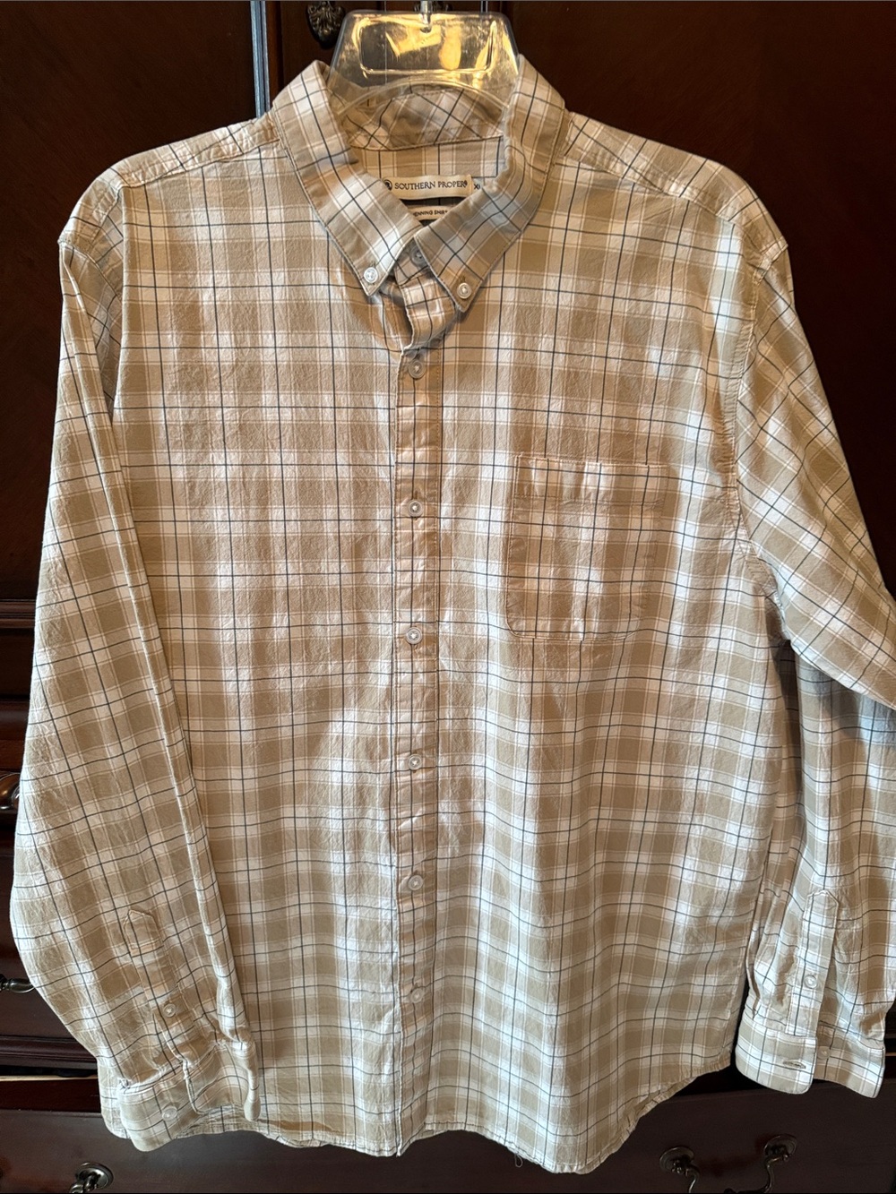 Southern Proper Tan, Navy, and White Plaid Button-Down Shirt Boys